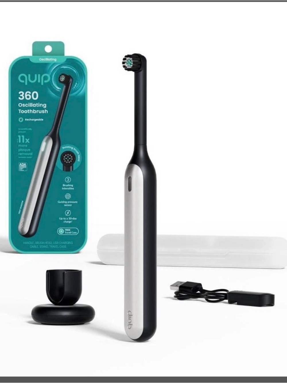 quip 360 Oscillating Rechargeable Electric Toothbrush Travel Case Black/Silver